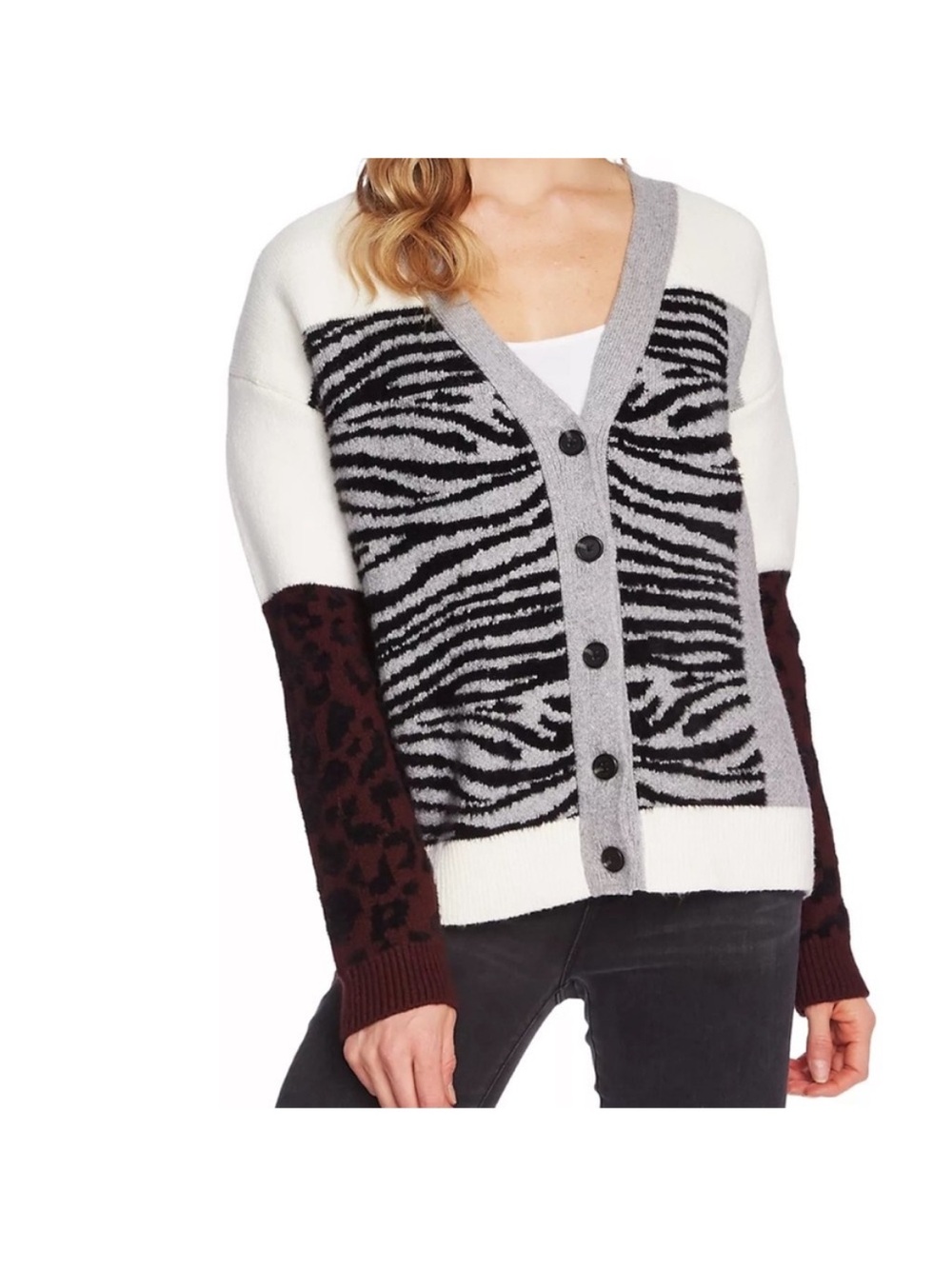Vince Camuto Mixed Zebra Print Colorblock Button Front Cardigan Sweater Medium